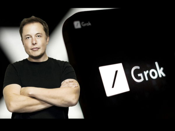 Elon Musk junto al logo de Grok
