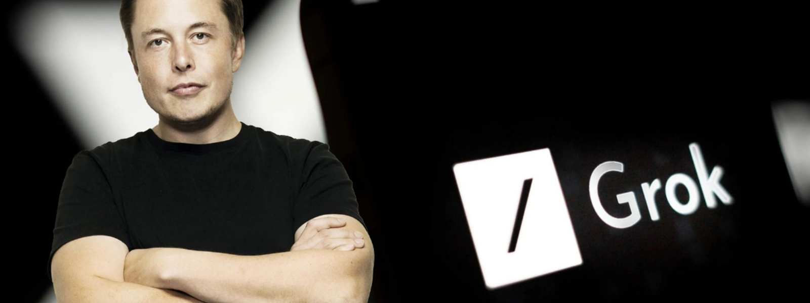 Elon Musk junto al logo de Grok